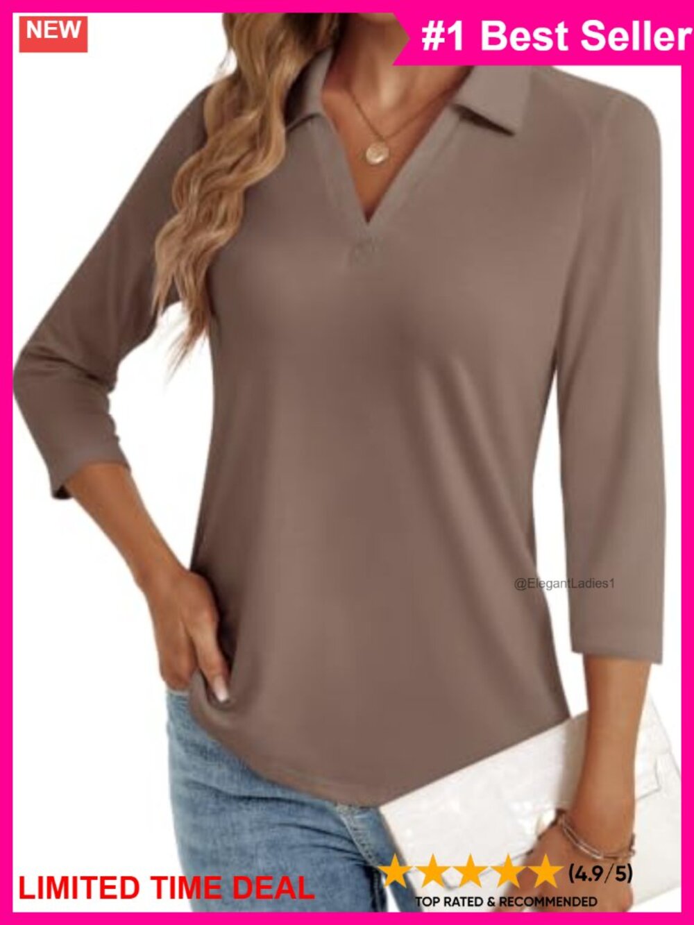 3/4 Sleeve V-Neck Blouse Fitted Dressy Casual Work Top